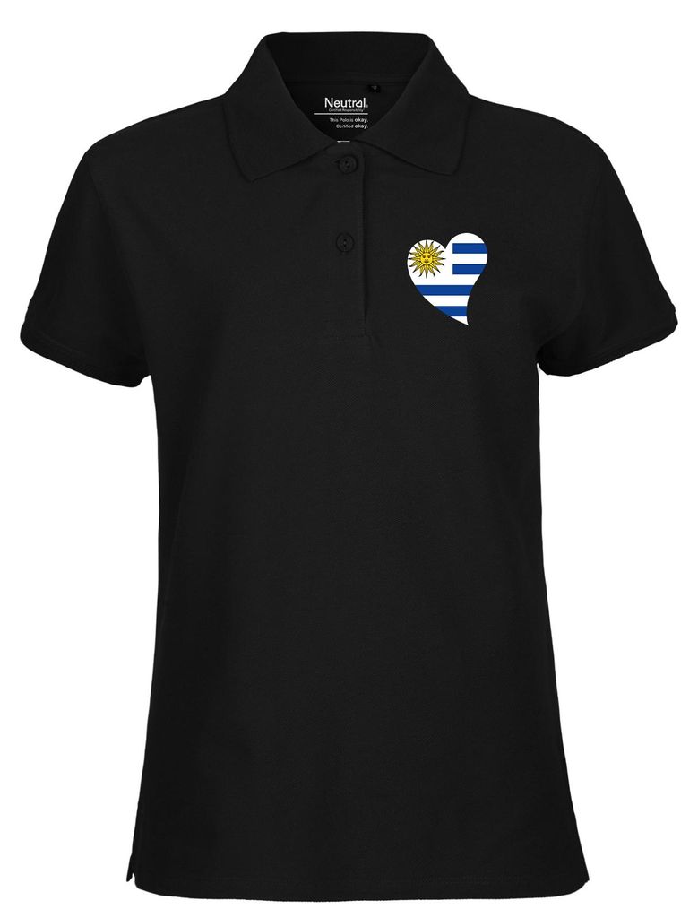 Huuraa Damen Polo Shirt Uruguay Flagge Herz XS Black Bio Baumwolle Fairtrade Poloshirt Geschenkidee