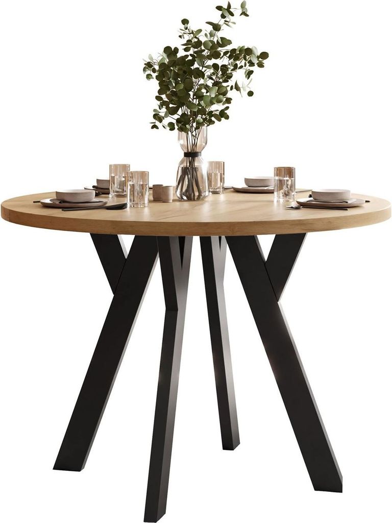 Runder Ausziehtisch VOLTA LOFT, Tischplatte Eiche Craft Gold, Beine schwarz