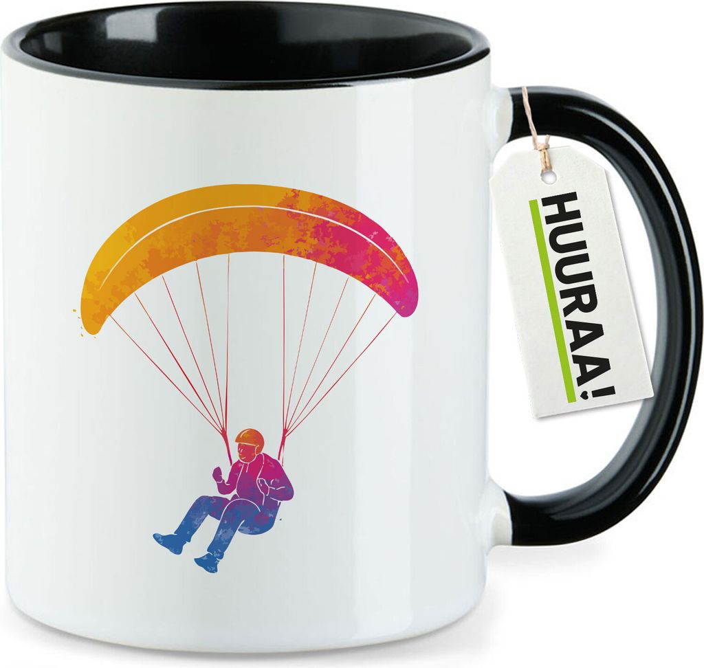 Huuraa Kaffeetasse Paragliding Gleitschirmfliegen 330ml Schwarz Keramik Kaffeebecher Geschenkidee
