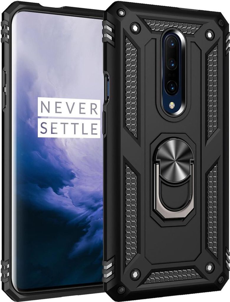 A black protective phone case with a ring holder is shown next to a smartphone.