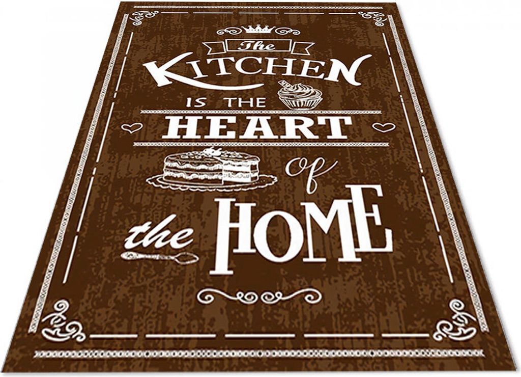 Jungengel Textilien Waschbarer Teppich Kitchen Heart Braun Weiß Küchenteppich Flach : 60x150 cm (0,90m²)