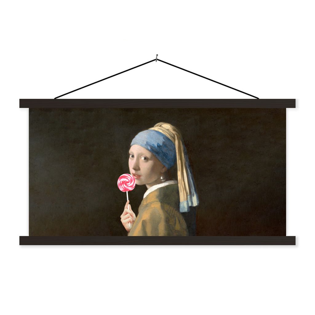MuchoWow Textilposter Gemälde - Das Mädchen mit dem Perlenohrring - Bonbon 60x30 cm mit schwarzem Rahmen - Textilien