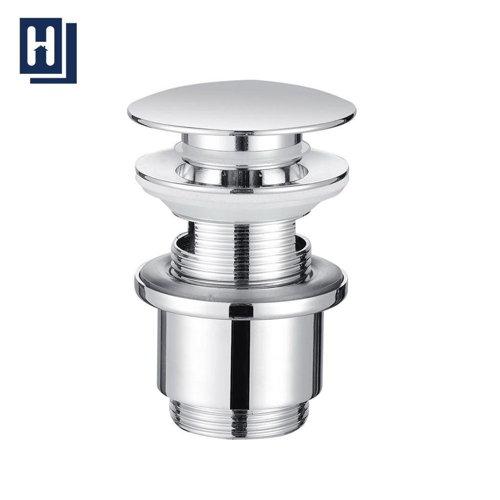 A chrome pop-up drain assembly is shown against a white background.