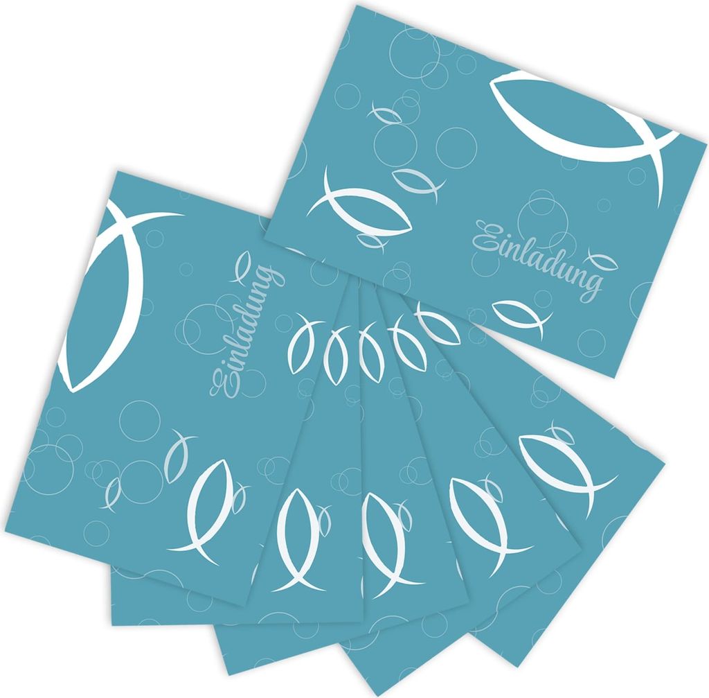 Oblique Unique 6 Einladungskarten mit Fisch Taufe Kommunion Produktbild 