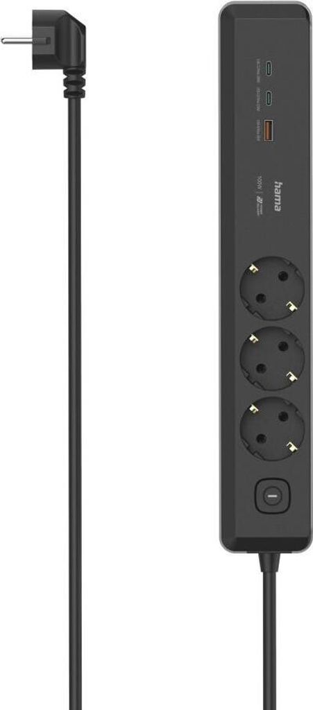 Steckdosenleiste, 3-fach, USB-C/A 100W, PD, Schalter, 1,4 m, Schwarz/Grau (00223192)