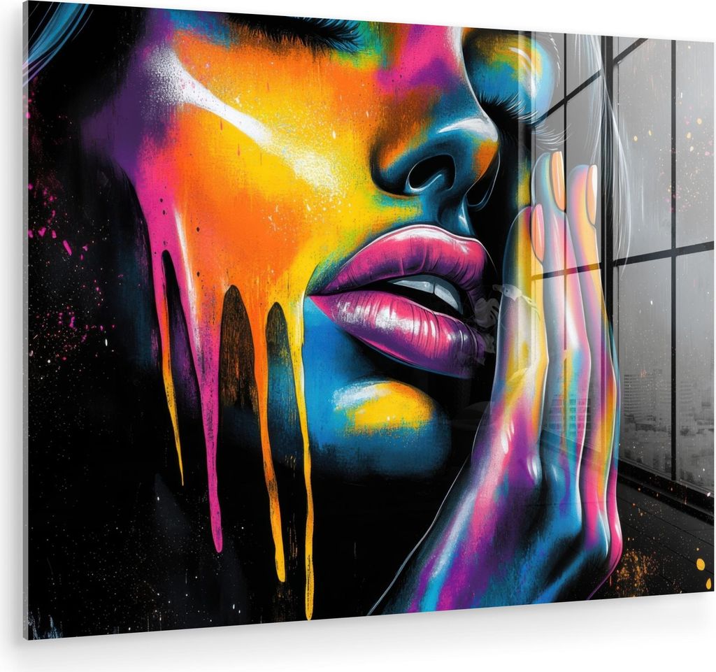 MuchoWow Glasbilder - Bilder auf Wandbild - Foto auf Glas Frau - Gesicht - Farbe - Künstlerisch 80x60 cm Wanddekoration aus Glas - Acrylglasbild -...