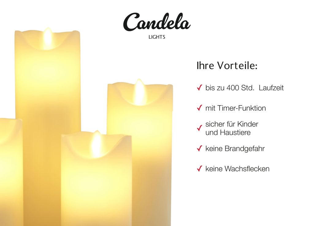 Candela Lights LED Kerzen 5er Set – Echtwachs, Elfenbein – Mit Fernbedienung, Timer (4/8h) & Dimmbar – Bewegliche