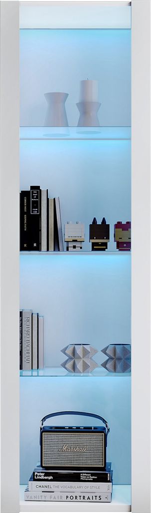 okwish Vitrinen Sideboard mit 3 Glasfächer für Badezimmer, Wohnzimmer, Küche, Hochschrank, Vitrinenschrank, Standschrank mit LED-Beleuchtung, Weiß