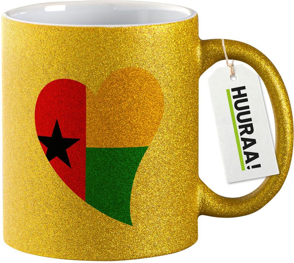 Huuraa Glitzertasse Guinea-Bissau Flagge Herz 330ml Gold Keramik Kaffeebecher Geschenkidee