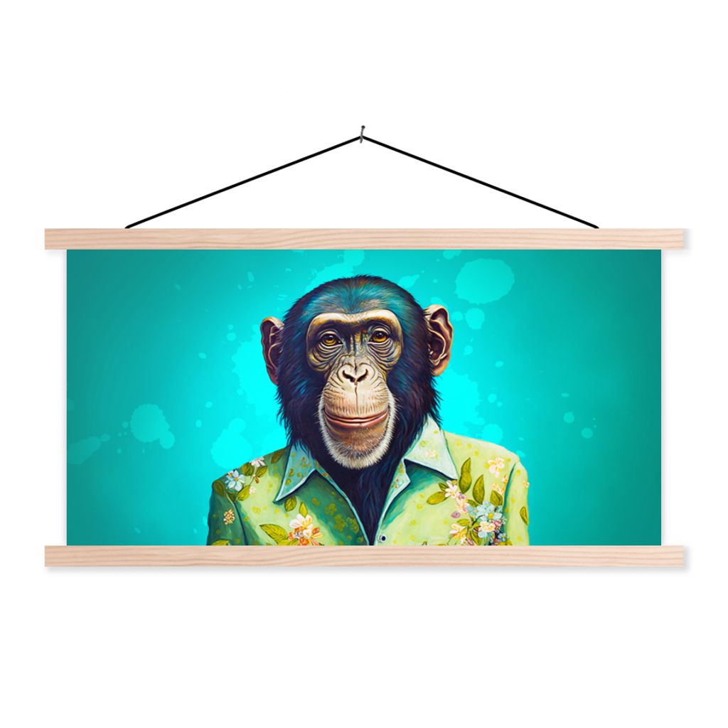 MuchoWow Textilposter Affe - Bluse - Blumen - Grün - Porträt 120x60 cm mit holzfarbenen Rahmen - Klemmleiste