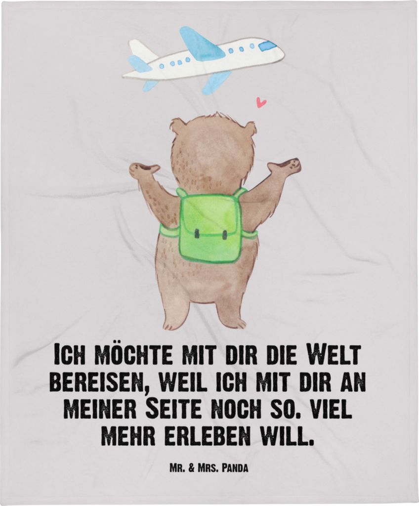 Mr. & Mrs. Panda Fleecedecke Bär Flugzeug - Grau Pastell - Geschenk, Plaid, Freundin, Jahrestag, Kinderdecke, für, Erstlingsdecke, Frauen, Freund...