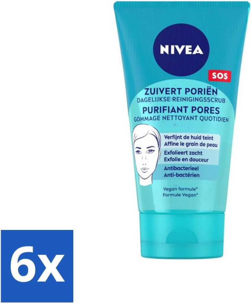 NIVEA – Reinigungspeeling – Essentials Daily Scrub – Für unreine Haut – Mit Milchsäure & Magnolienextrakt – 150 ml - Vorteilspack - 6 S...