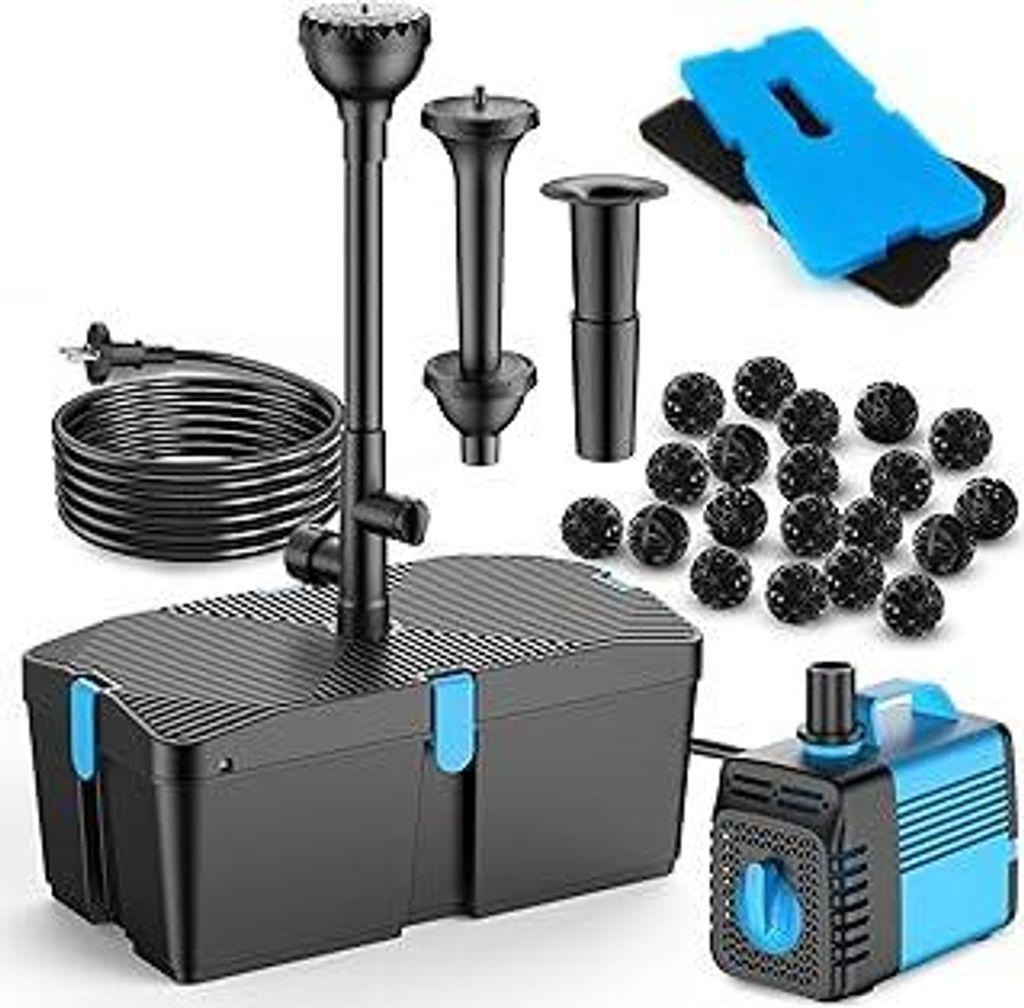 Teichpumpe mit Filter und Springbrunnen Set, 50W 2500L/H Teichpumpe und Filter-Kit, Teichfilter für Außenteiche, sauberer Koi-Teichfilter