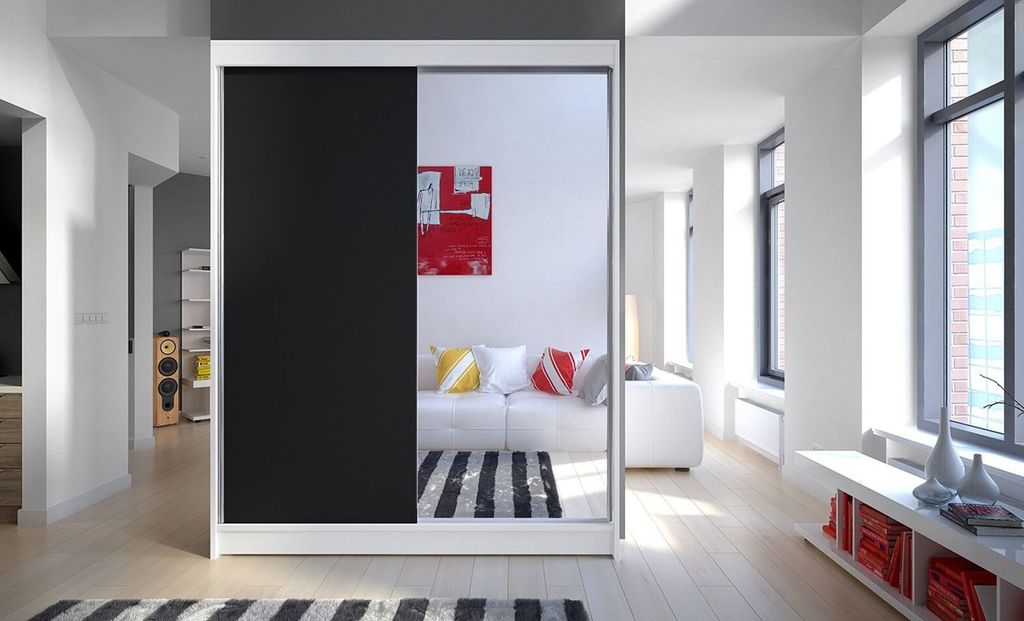 Kleiderschrank mit Spiegel CHANNA 1 – Breite 150 cm, weiß/schwarz