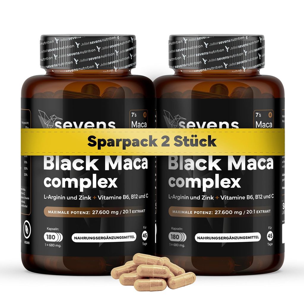 Pack 2x Maca Kapseln Hochdosiert - 27 600 mg je Tagesdosis - 180 Vegane Kapseln - Black Maca Complex 20:1 mit L-Arginin, Zink und den Vitaminen B6,...