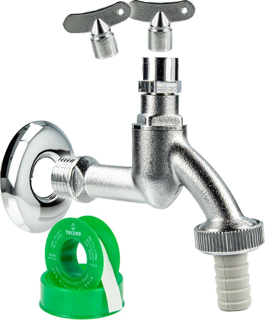 tecuro Auslaufventil 1/2 Zoll, Steckschlüssel-Oberteil, Schlauchtülle, Wandrosette, Dichtband, MS mattverchromt