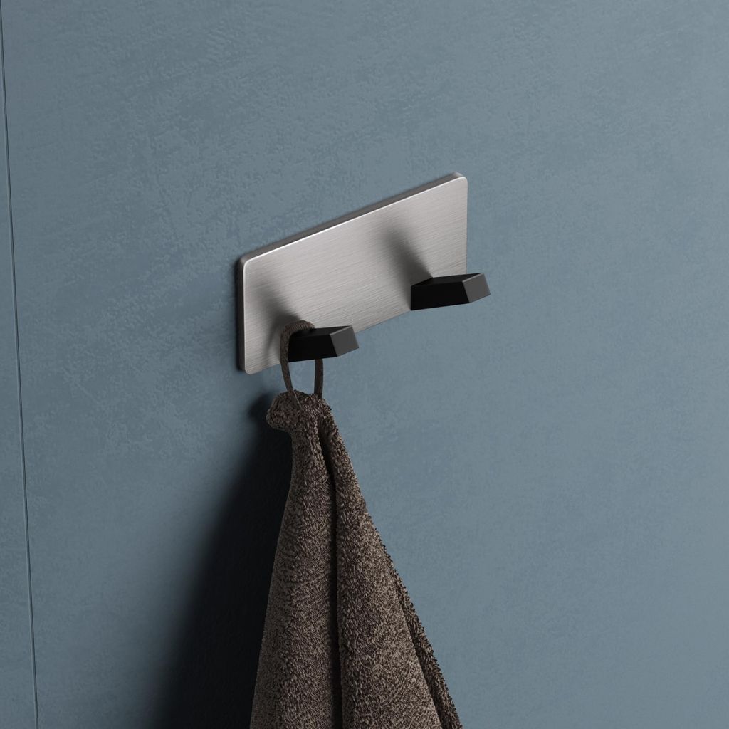 doporro Garderobenhaken Edelstahl, Kleiderhaken Wand mit 2 Haken, selbstklebend & ohne Bohren Matt schwarz/Nickel gebürstet für Jacken, Handtüch...