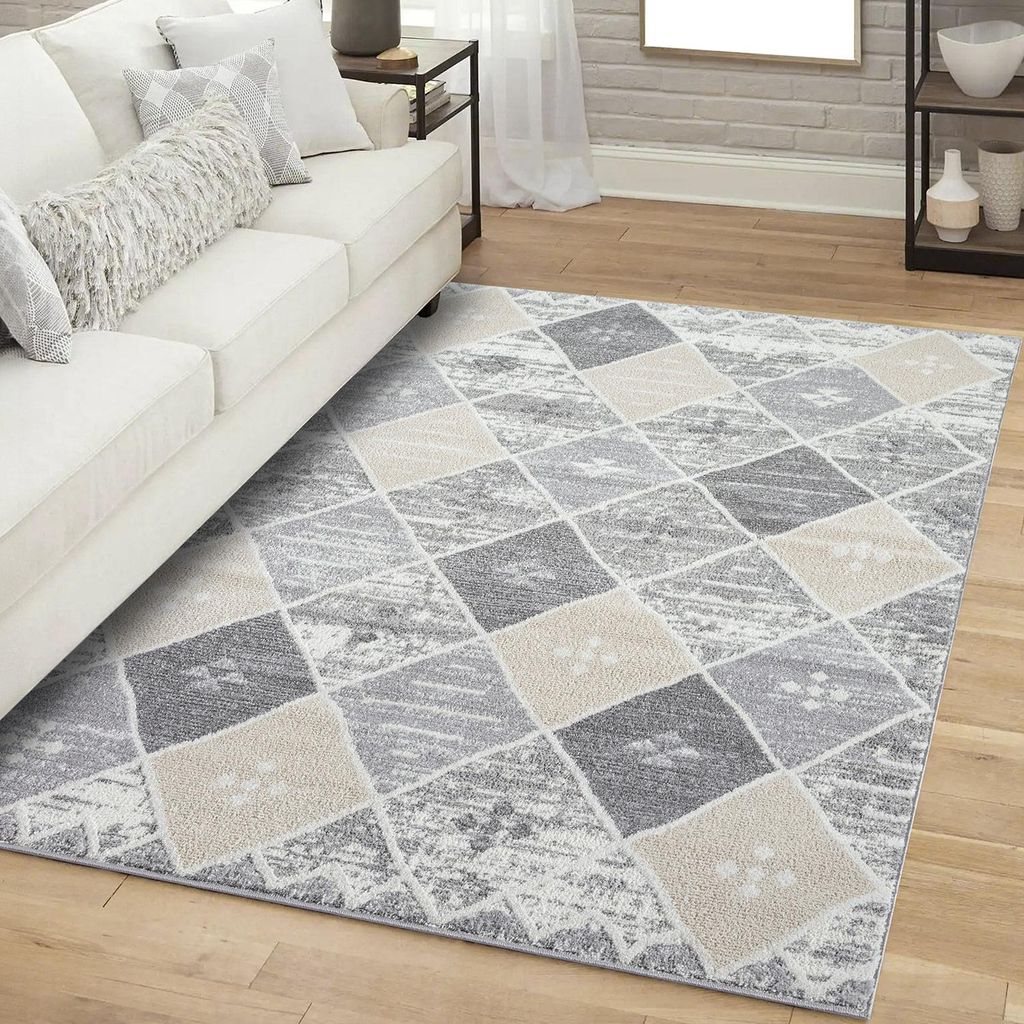 Teppich Kurzflor Wohnzimmer - Grau - 160x230 cm Rechteckig - Raute-Muster, Bordüre - 3D-Effekt
