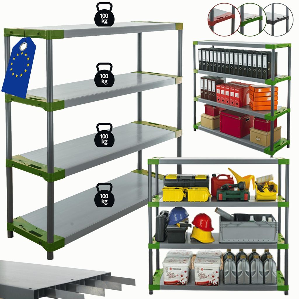 MODO24 Kunststoffregal, 4 Ablagen, 100kg/Boden, Schwerlast, Steckregal, Lagerregal, Plastikregal, Werkstatt, 138x140x46?cm, Grün, TYTAN