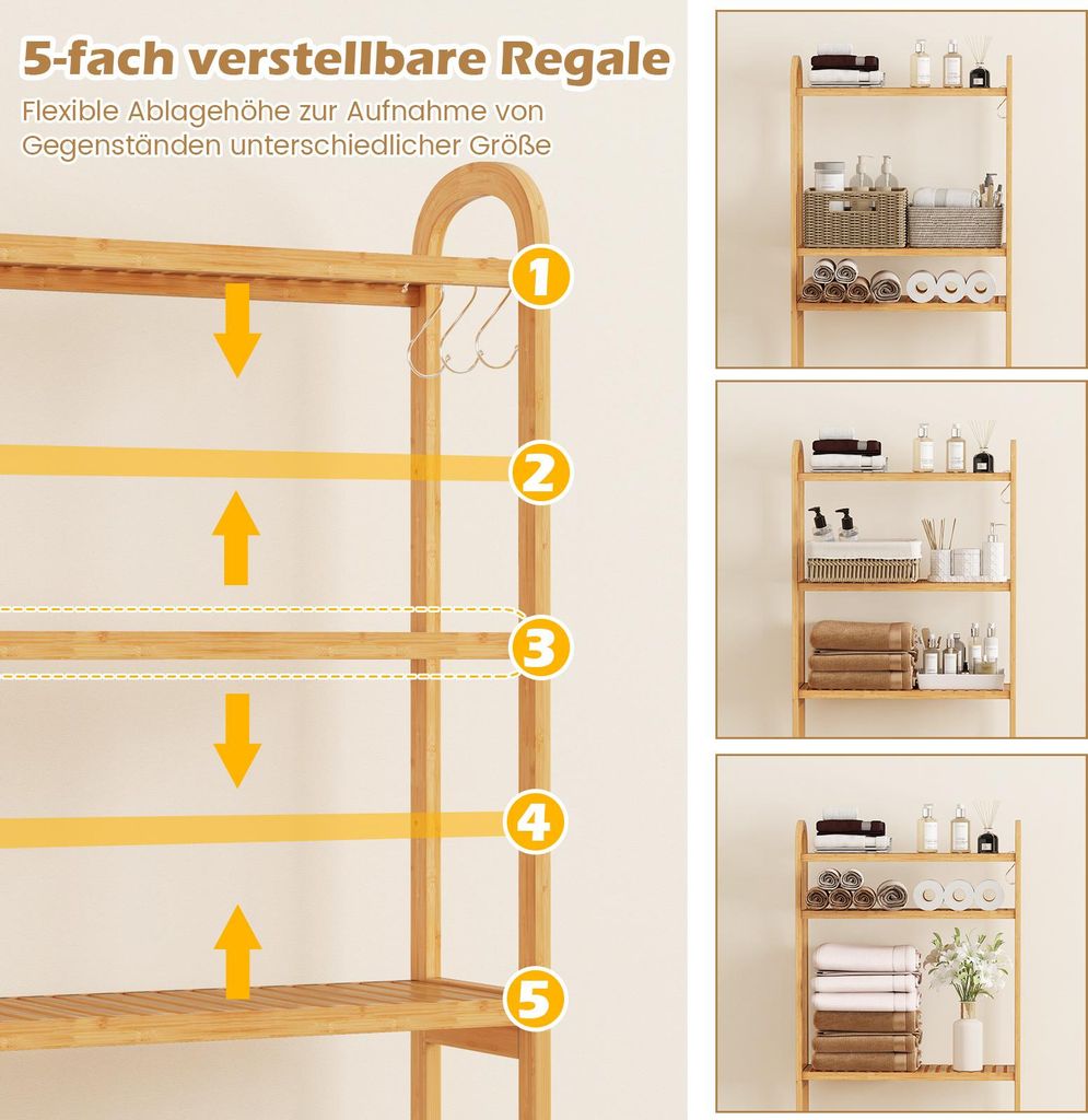 COSTWAY 3-stufiger Toilettenregal Bambus, Badezimmerregal