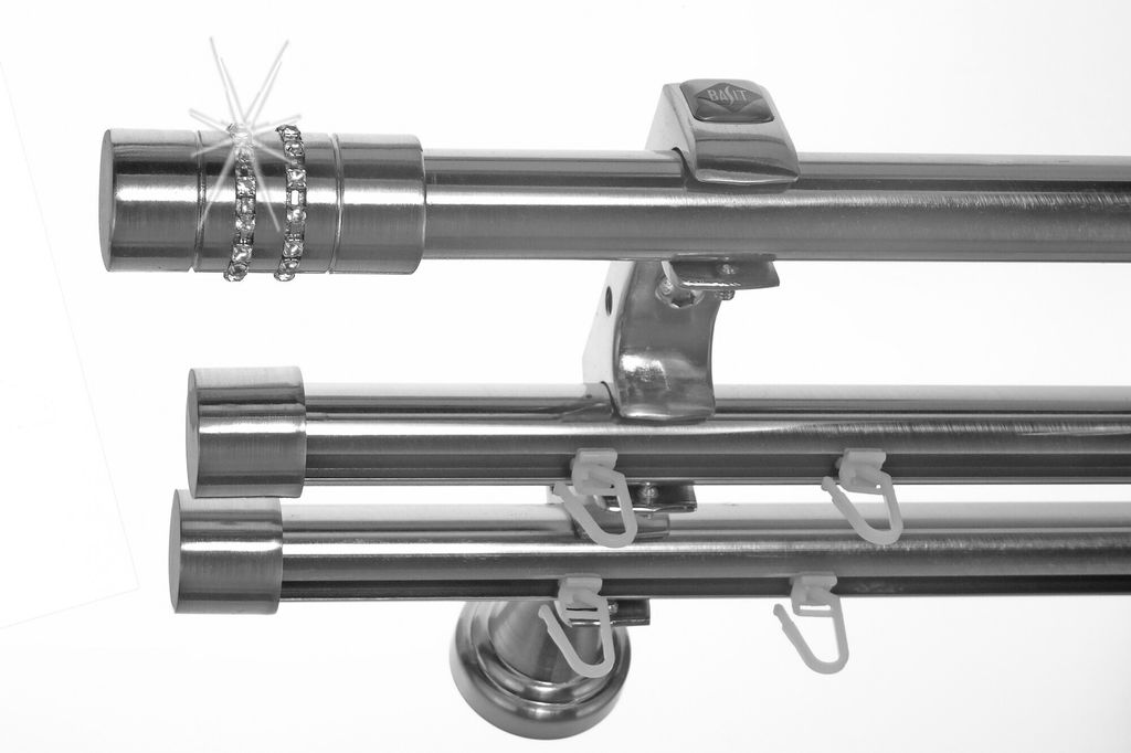 Rohr + 2 x Innenlauf Edelstahl Look Gardinenstange 20mm Wandträger 3-läufig mit Kristall H60 E80E30 RI+ 1x B20I