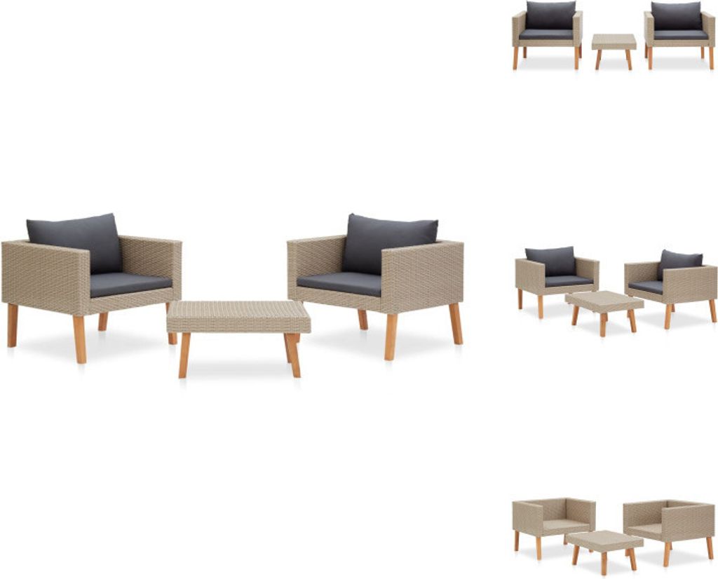 vidaXL 3-tlg. Garten-Lounge-Set mit Auflagen Poly Rattan Beige - Gartenmöbel-Sets