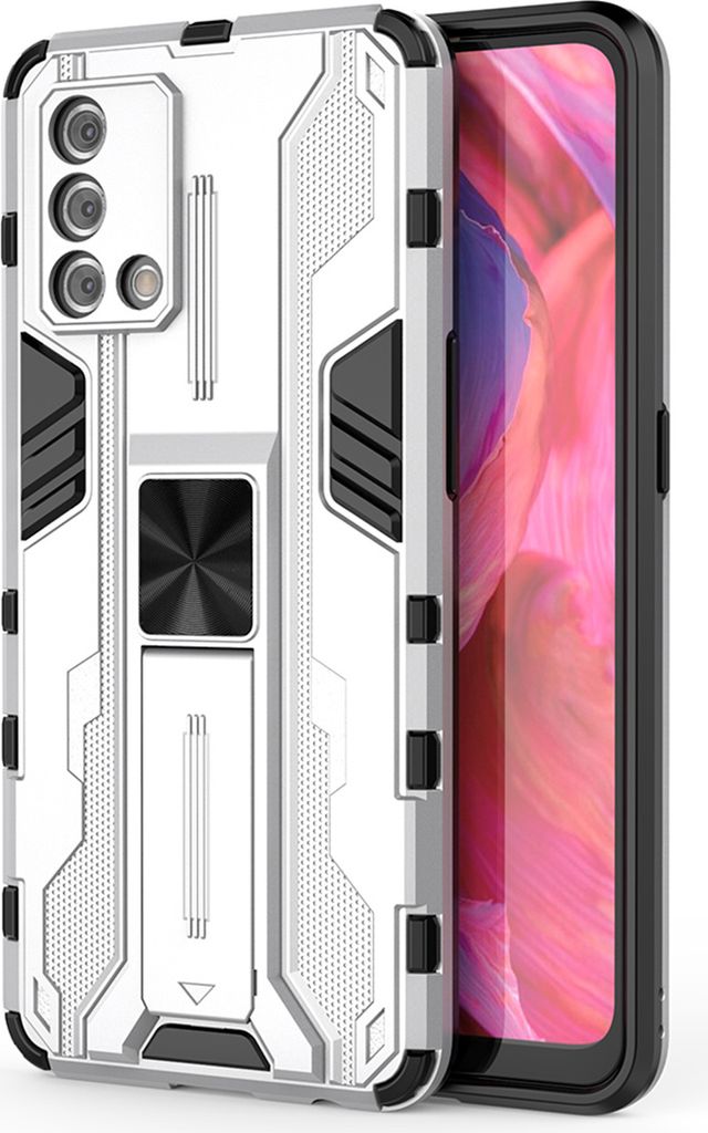 OPPO A74 4G Hülle, Dual Layer PC TPU Bumper Stoßfest Ständer Schutzhülle für OPPO A74 4G Silber