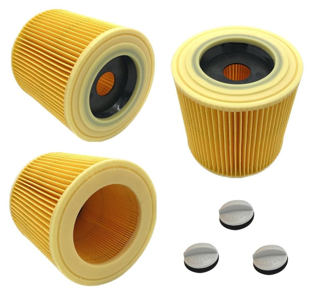 A collage of three cartridge filters and three small grey caps on a white background.