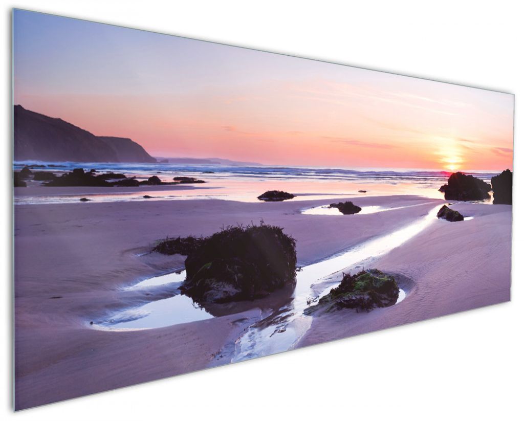 Wallario Küchenrückwand aus Glas, Größe: 125 x 50 cm, Motiv: Sonnenuntergang am einsamen Strand | Spritzschutz | abwischbar | pflegeleicht | in