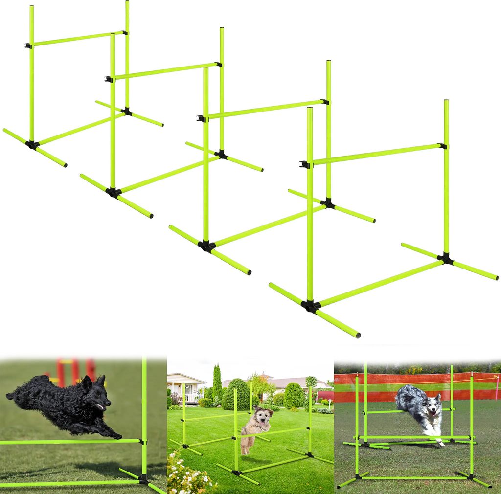 A collage of images showing dog agility equipment and dogs using it in a grassy outdoor setting.