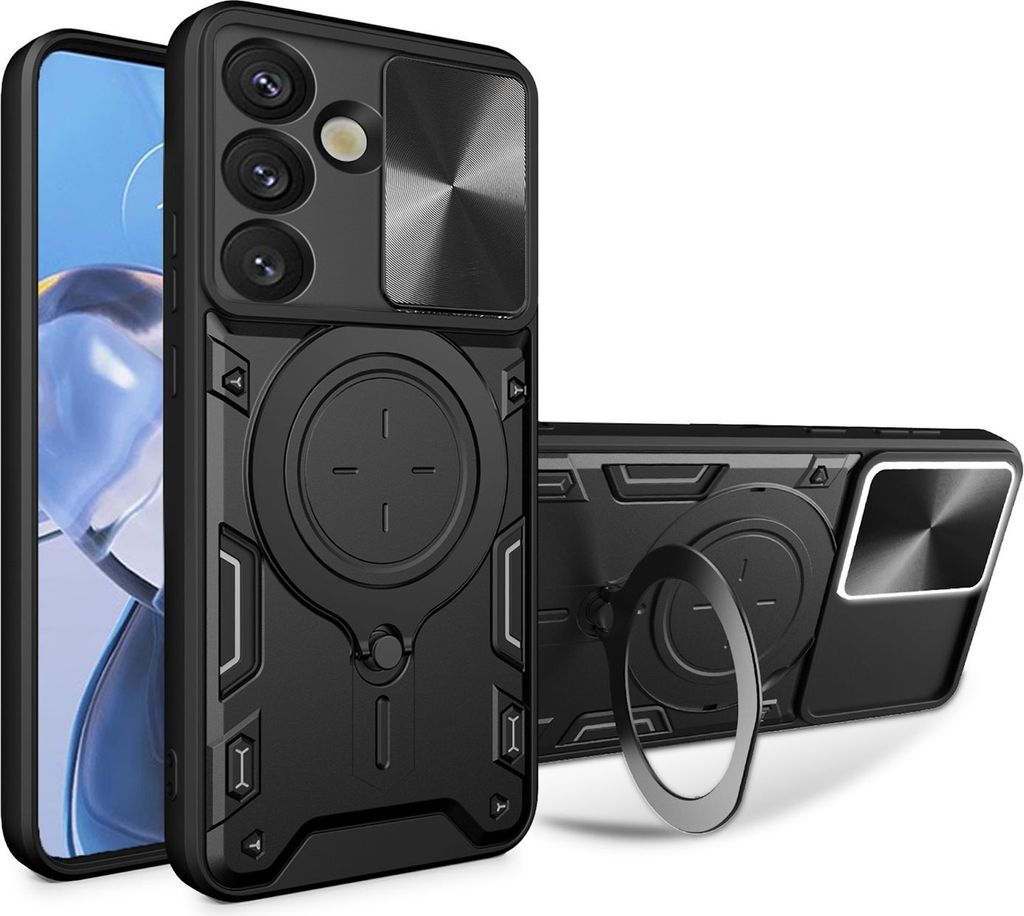 Für Samsung Galaxy S25 5G CD Textur Sliding Kamera TPU / PC Hülle Ring Schwarz