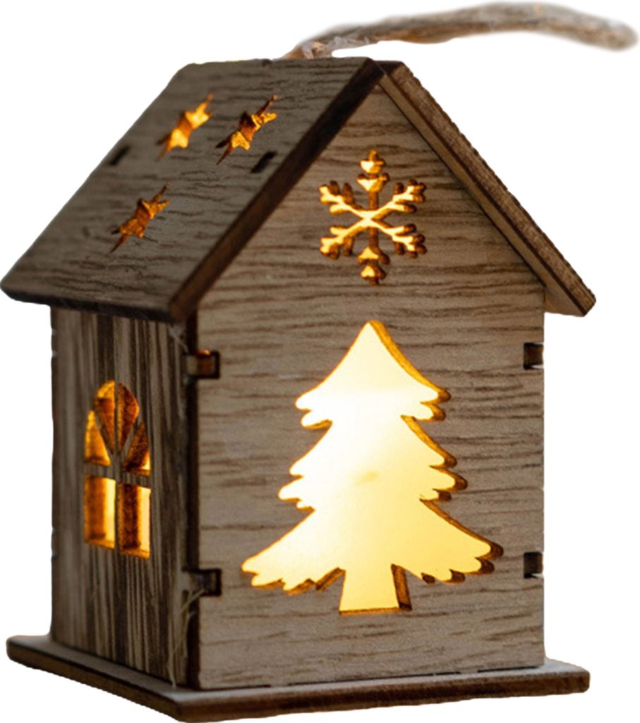 Weihnachtlicher Holzhaus-Anhänger mit warmen Lichtern, exquisite Hüttendekoration für romantische Urlaubsatmosphäre A