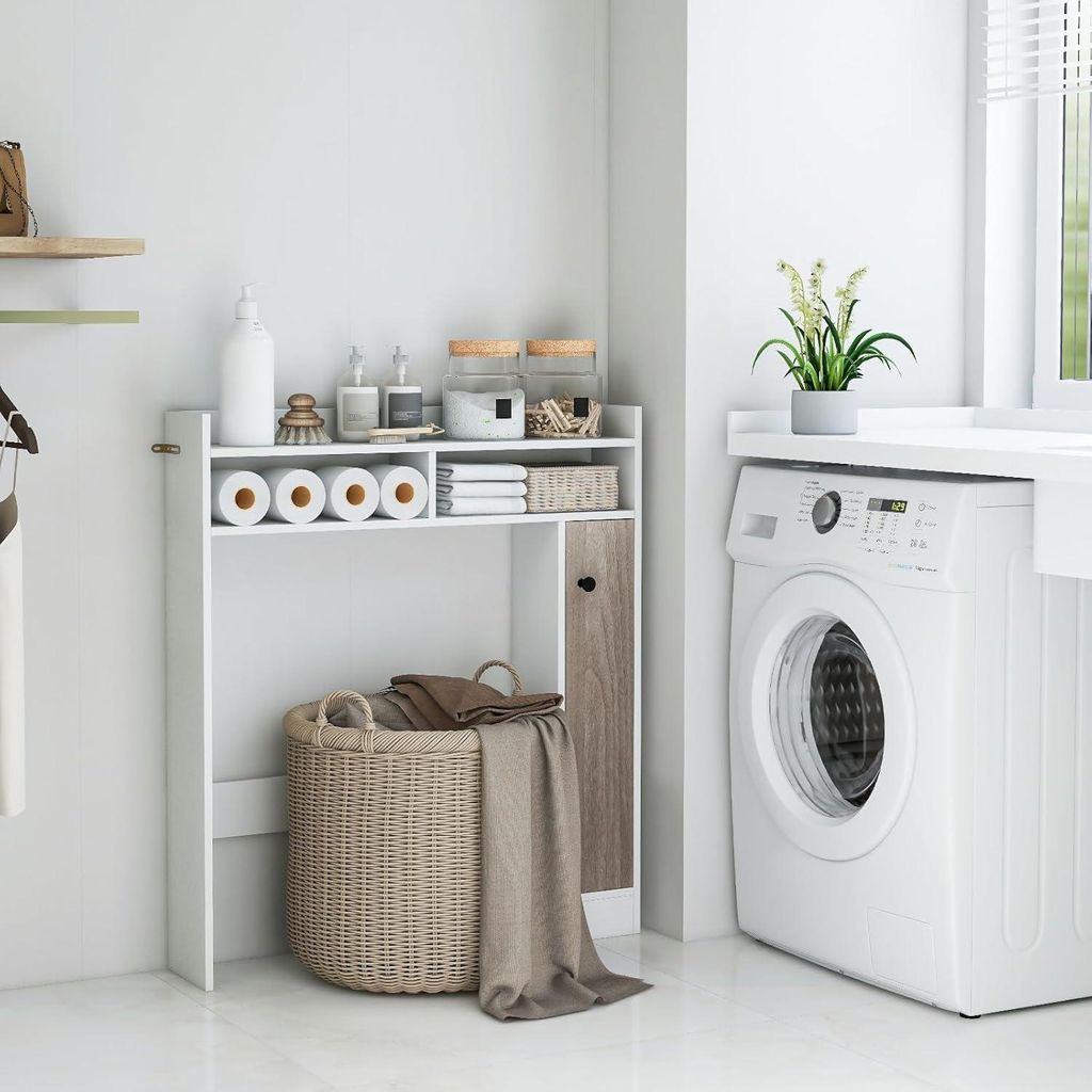 Toilettenschrank, Badezimmer, Oberschrank, Toilettenstandards mit verstellbaren Regalen, Badezimmerregal Holz, freistehender Badezimmerkasten (weiß)
