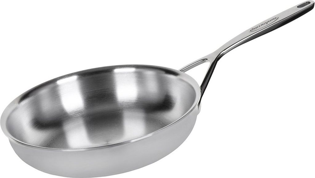 A stainless steel frying pan on a white background.