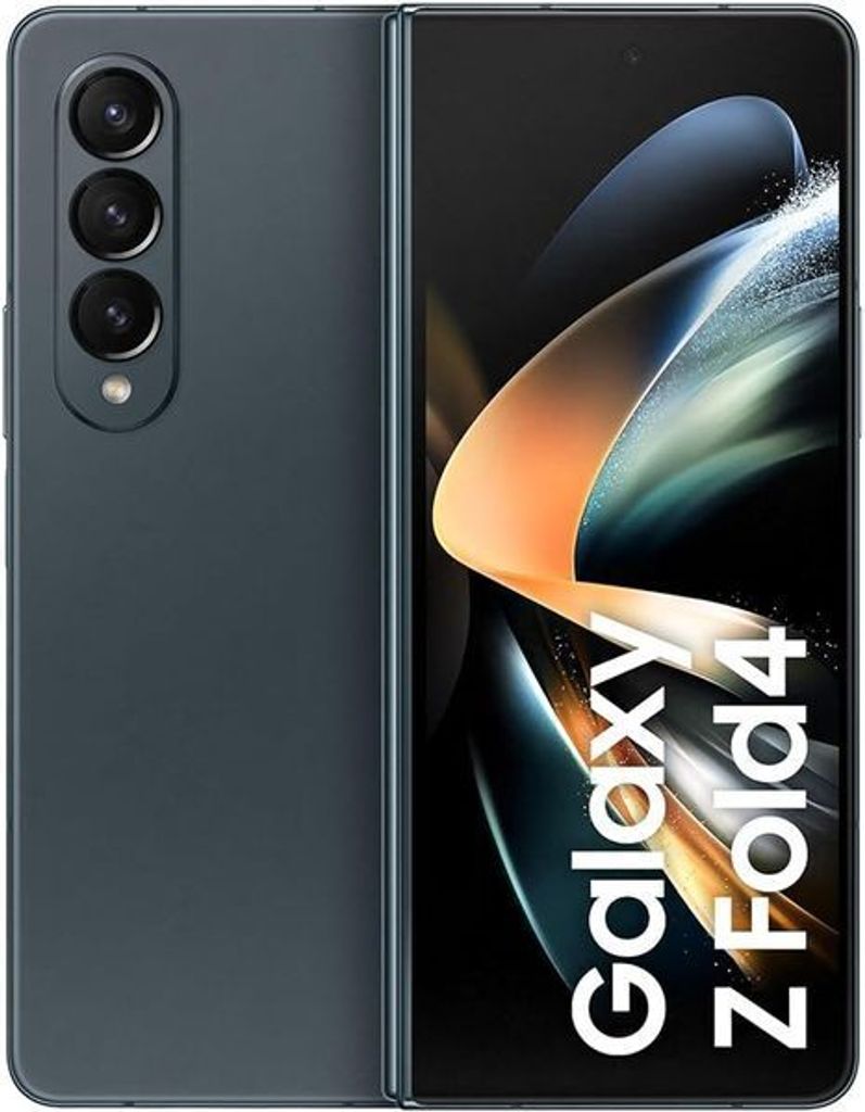 A folded Samsung Galaxy Z Fold4 smartphone is shown from the front and back.