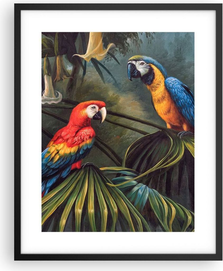 Gerahmtes Poster - Schwarzer Rahmen - Ara Papageien Palmen - 40x50 cm - Wand Bild - Wanddeko - Wandbilder - Kunstposter - Wandposter - Bilderrahmen...