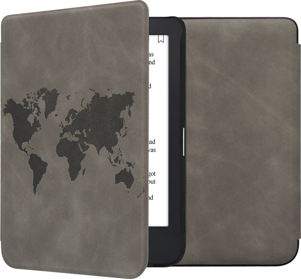 kwmobile Schutzhülle für Kobo Clara 2E / Tolino Shine 4 Hülle - eReader Case aus Kunstleder mit Auto Sleep Funktion - Travel Umriss mit Grau