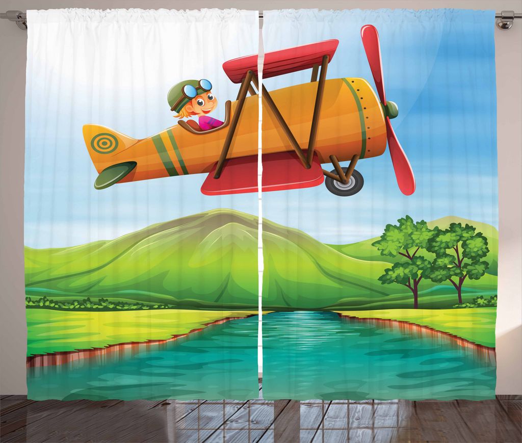 ABAKUHAUS Flugzeug Rustikaler Gardine, Kind auf einem Doppeldecker-Fluss, Schlafzimmer Kräuselband Vorhang mit Schlaufen und Haken, 280 x 175 cm, ...