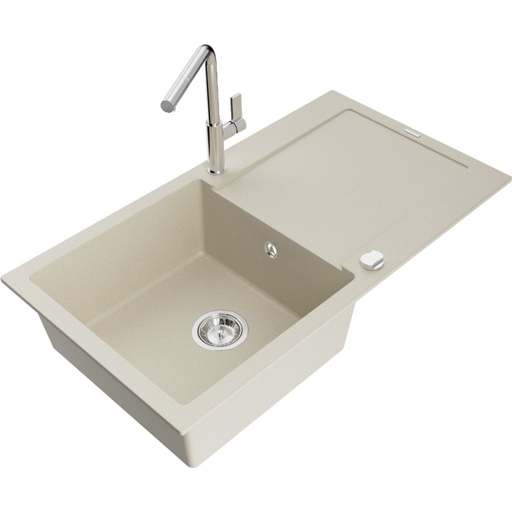 Mexen Leo 1 Becken-Granitspüle mit Abtropffläche und Mischbatterie Flora, Beige - 6501-69-670401-00