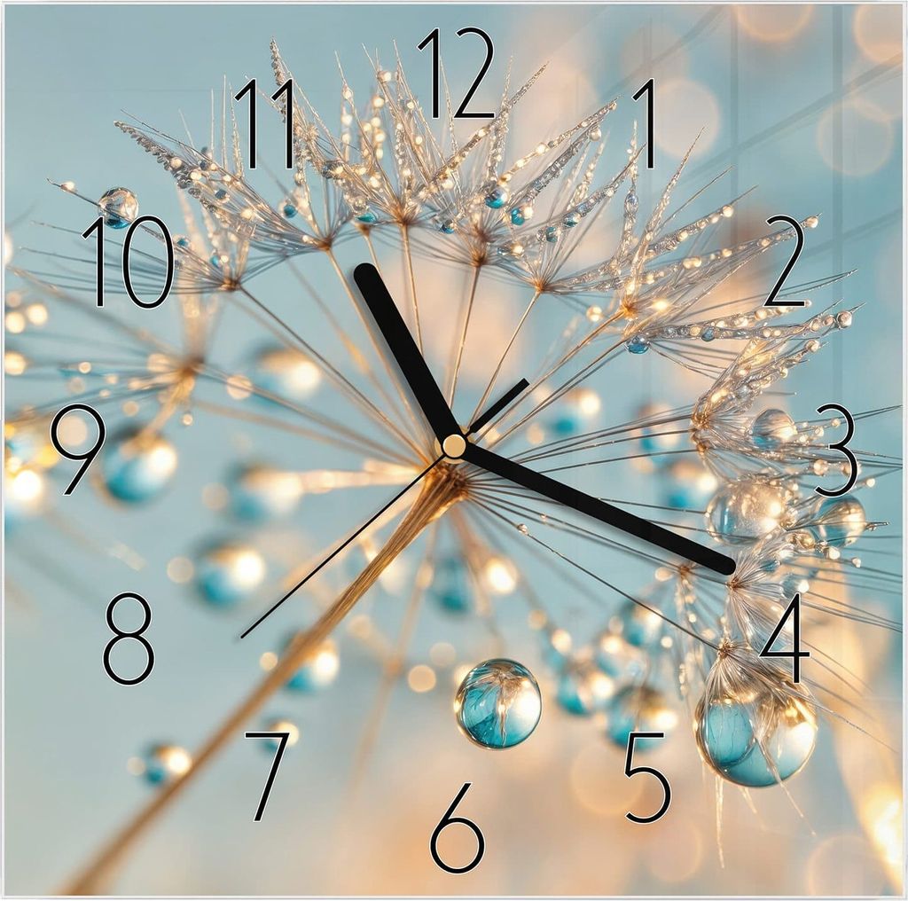 Wanduhr aus Glas mit Motiv Pusteblume Wassertropfen- 30 x 30 cm - inkl. Aufhängesystem
