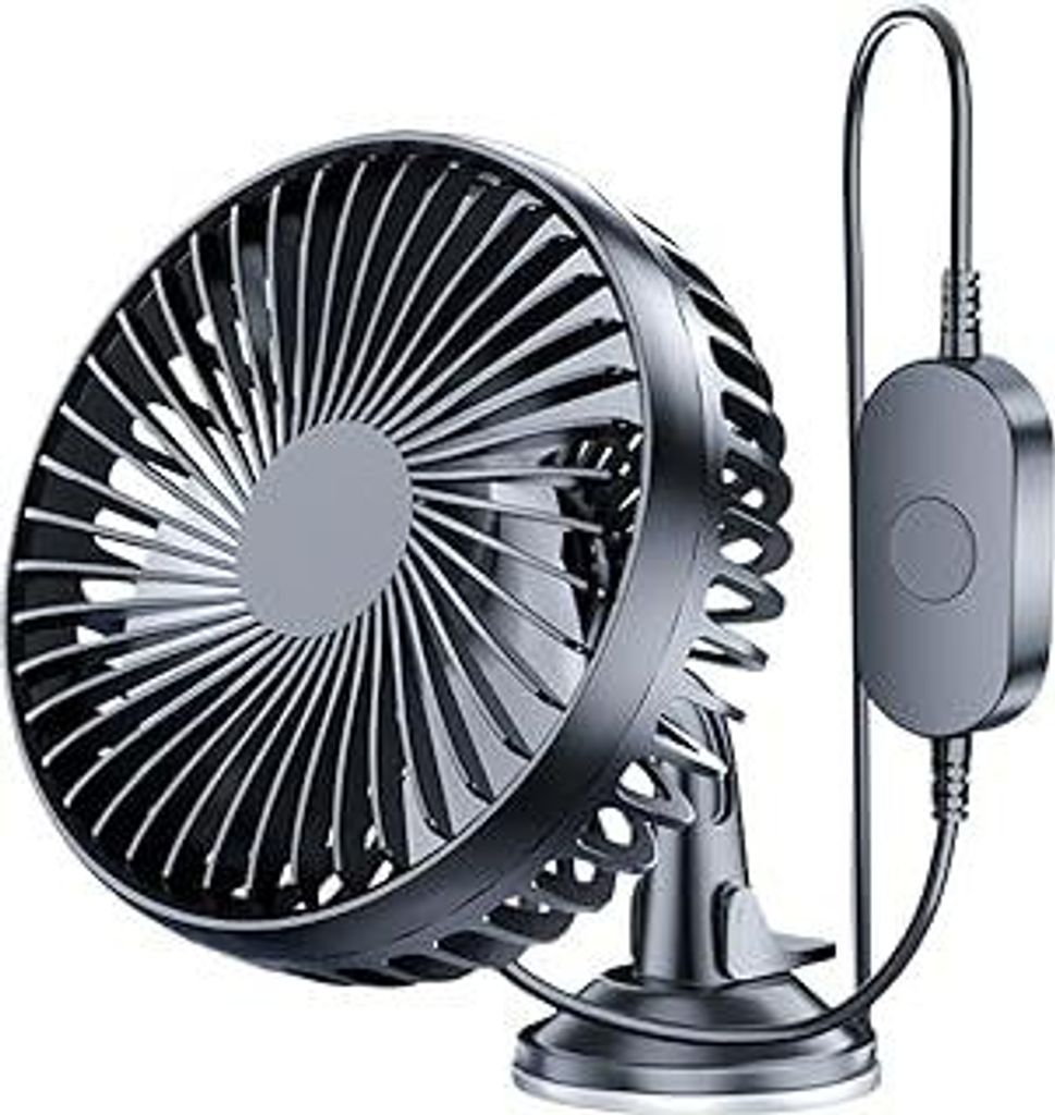 Demiawaking 12V 24V Auto Ventilator, Leise 360 Grad Drehbar USB 3-Gang Geschwindigkeit Auto Lüfter Kühler mit Saugnapf für Auto SUV LKW (A)