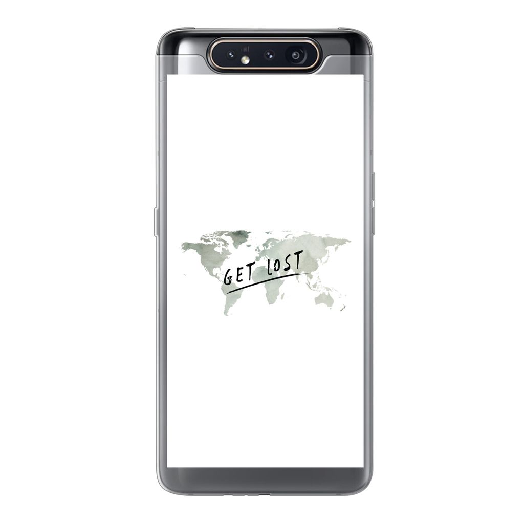 MuchoWow Handyhülle Schutzhülle Hülle für Samsung Galaxy A80 Weltkarte - Grau - Zitat Silikon Softcase Handy Hülle - Schutzdeckel