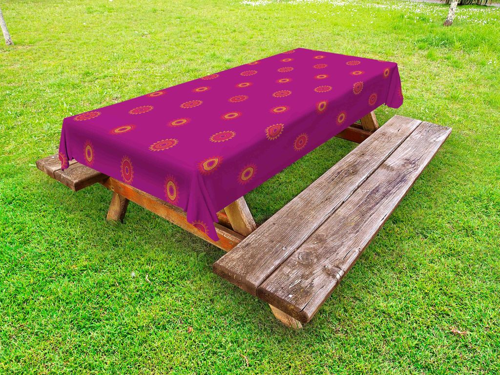 ABAKUHAUS Sonne Tischdecke Outdoor, Illustration der Runde Linien Nostalgic Solar auf warmen Ton Kulisse, Dunkle Magenta und Dark Salmon, 145x305cm