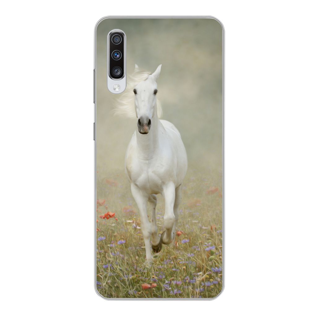 MuchoWow Handyhülle Schutzhülle Hülle für Samsung Galaxy A70 Pferd - Stoff - Blumen Silikon Softcase Handy Hülle - Schutzhaube