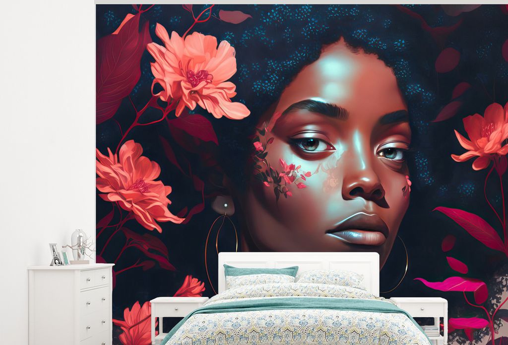 MuchoWow Fototapete für Wohnzimmer oder Schlafzimmer Wandtapete Vinyl Motivtapete Blumen - Frau - Porträt - Illustration - 300x240 cm - Fototap...