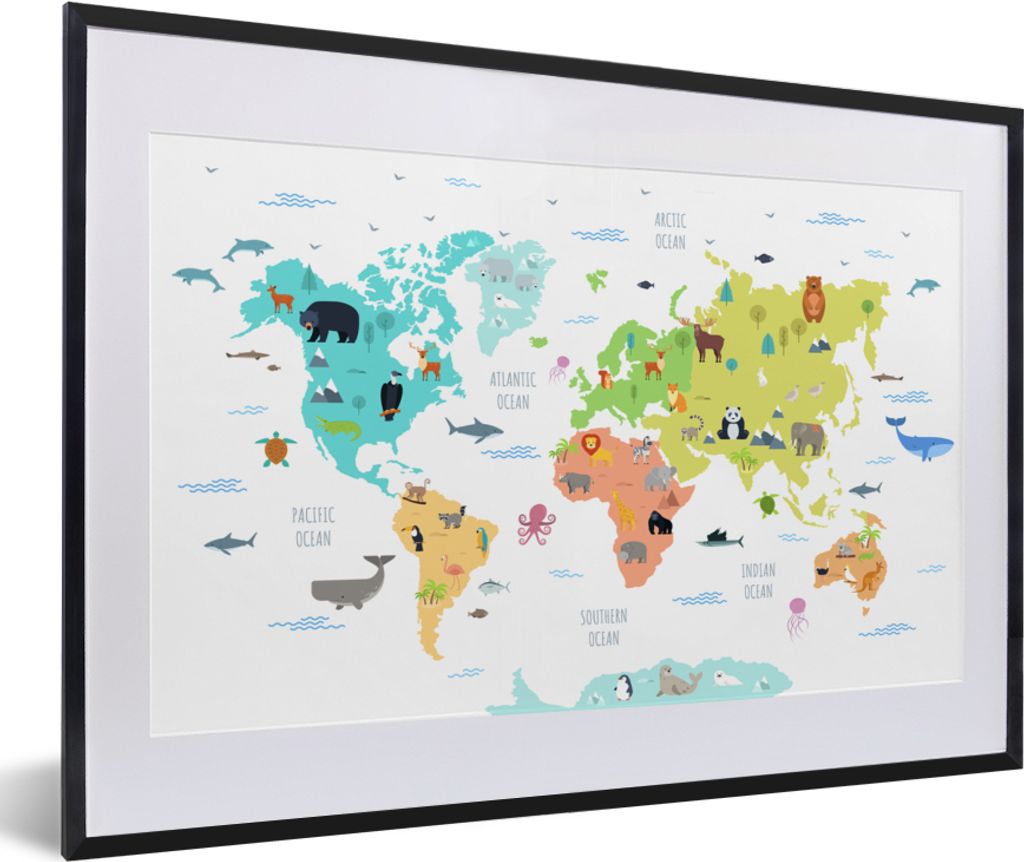 MuchoWow MuchoWow Gerahmtes Poster Weltkarte - Tiere - Kinder 60x40 cm - Poster mit zchwarzem Bilderrahmen - Schlafzimmer - Plakat in Rahmen - ...