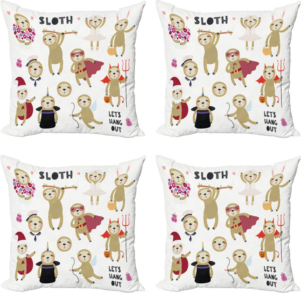 ABAKUHAUS lustige Sloth Kissenbezug Set (4 Stück), Faule Tier Blumen, Moderner Doppelseitiger Digitaldruck, 45 cm x 45 cm, Grau Gelb Multicolor