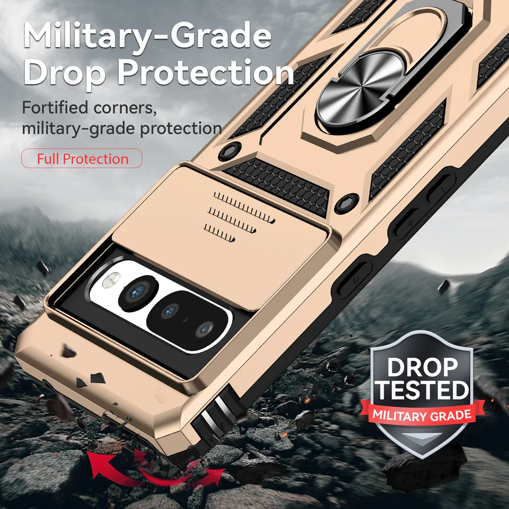 Custodia Google Pixel 7 Oro Heavy Duty con Ring Stand e Cam Shield - 7