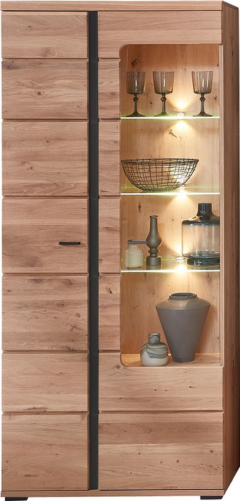 Vitrinenschrank mit Esche Massivholzfront inkl. LED-Beleuchtung STAVEN-36 mit Absetzungen in schwarz matt, B/H/T ca. 90/203/38 cm