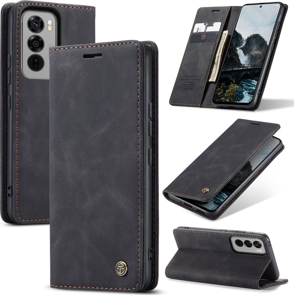 Hülle für Oppo Reno12 Retro Kunstledertasche mit Standfunktion Schutzhülle Schwarz